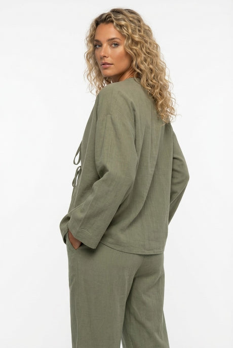 Tie-front Long Sleeve Shirt Cotton Suits