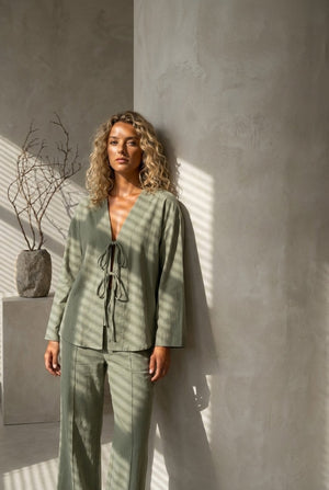 Tie-front Long Sleeve Shirt Cotton Suits