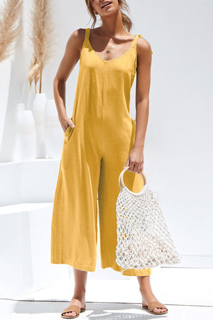 Arolora tie-straps-backless-pocketed-cotton-jumpsuits