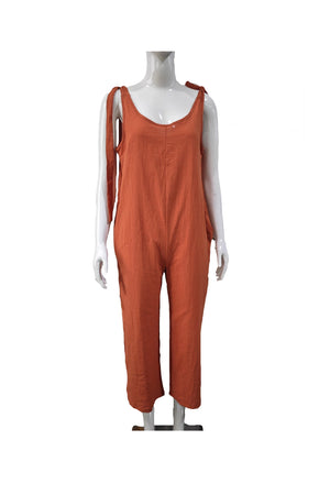 Arolora tie-straps-backless-pocketed-cotton-jumpsuits