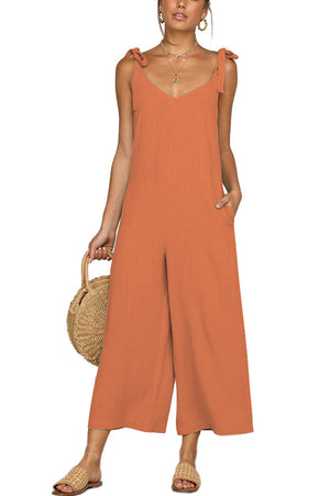 Arolora tie-straps-backless-pocketed-cotton-jumpsuits