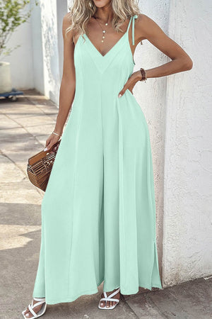 Arolora tie-straps-v-neck-slit-wide-leg-jumpsuits