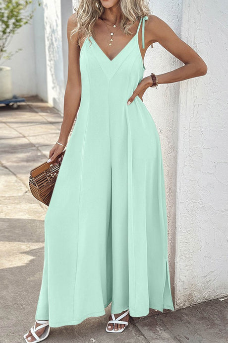 Arolora tie-straps-v-neck-slit-wide-leg-jumpsuits