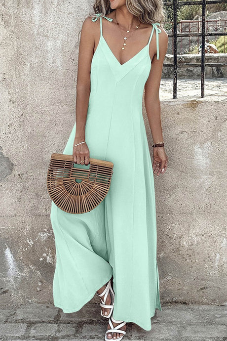 Arolora tie-straps-v-neck-slit-wide-leg-jumpsuits