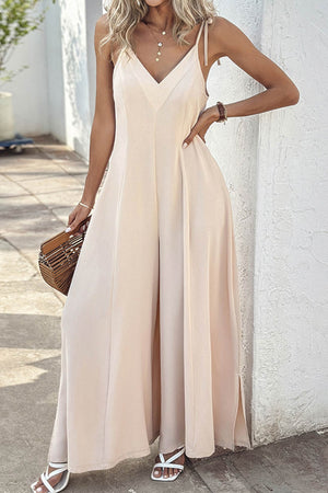 Arolora tie-straps-v-neck-slit-wide-leg-jumpsuits