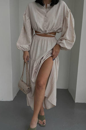 Tie-up Crop Top Tiered Midi Skirt Suits