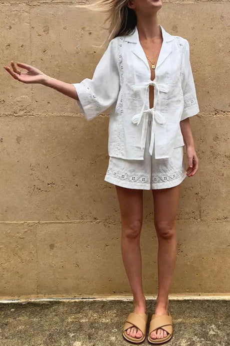 Tie-up Jacquard Hollow Out Shirt Shorts Suits