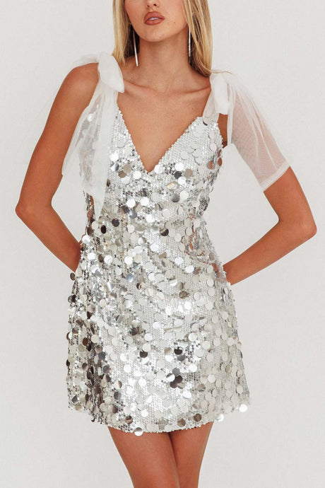 Arolora Tie-up Low Cut Sequin Mini Dress