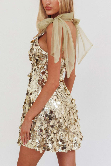 Arolora Tie-up Low Cut Sequin Mini Dress