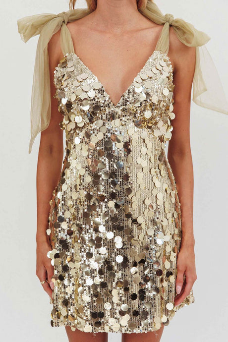 Arolora Tie-up Low Cut Sequin Mini Dress