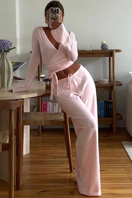 Arolora Tie-up Plush Lined Crop Top Pants Set