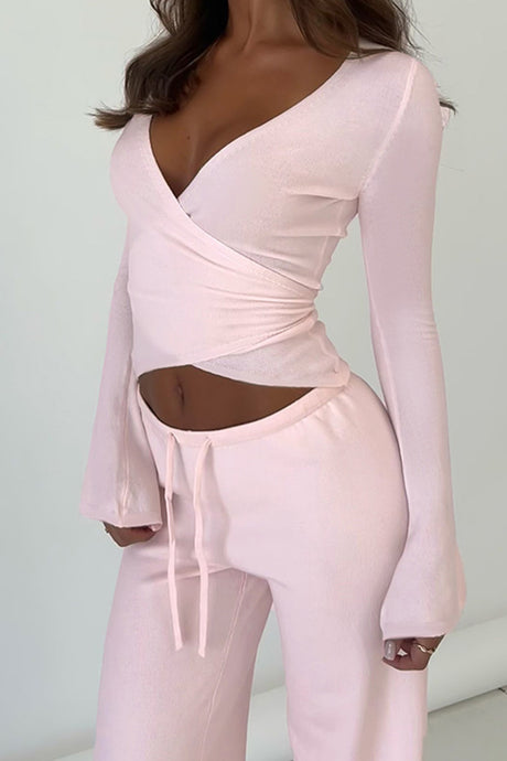 Arolora Tie-up Plush Lined Crop Top Pants Set