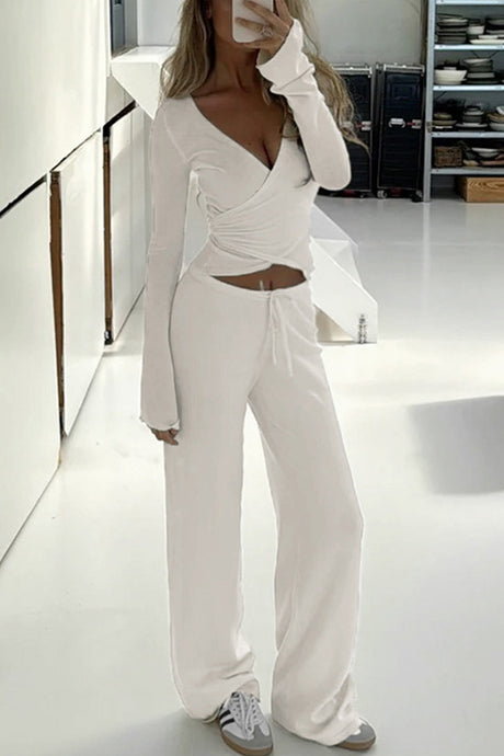 Arolora Tie-up Plush Lined Crop Top Pants Set