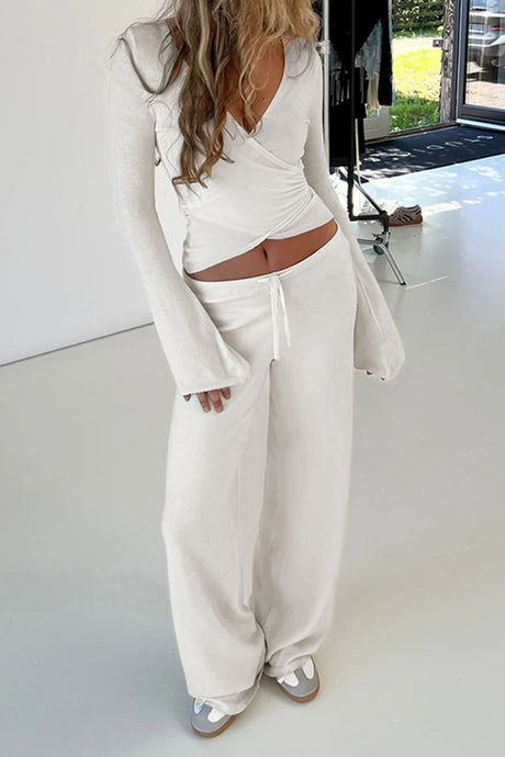 Arolora Tie-up Plush Lined Crop Top Pants Set