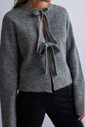 Arolora tie-up-ribbed-knit-short-cardigan