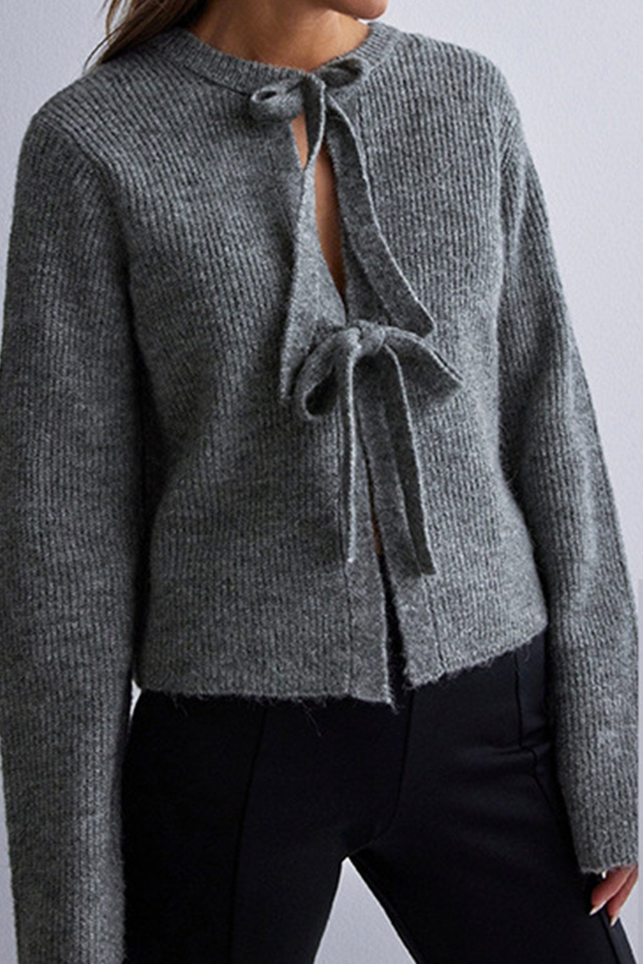 Arolora tie-up-ribbed-knit-short-cardigan