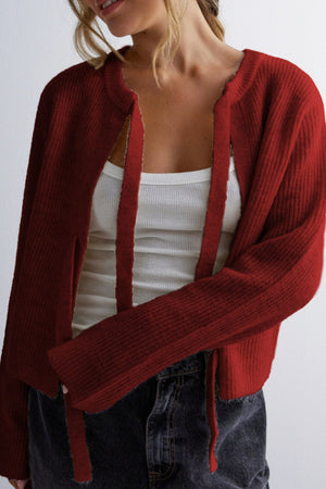Arolora tie-up-ribbed-knit-short-cardigan