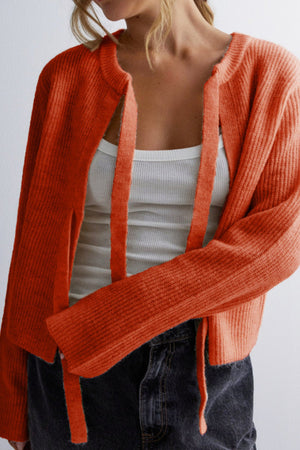 Arolora tie-up-ribbed-knit-short-cardigan