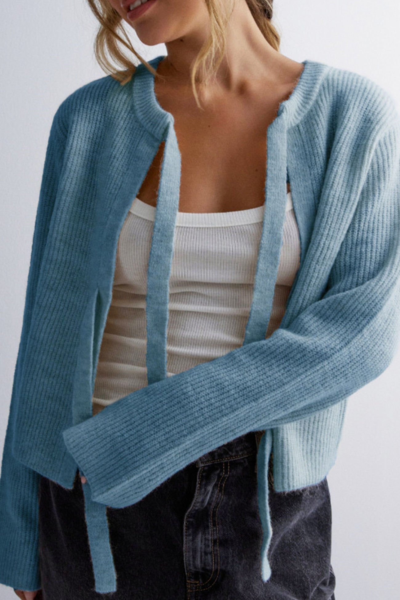 Arolora tie-up-ribbed-knit-short-cardigan