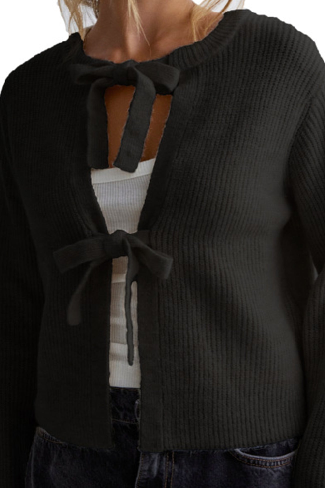 Arolora tie-up-ribbed-knit-short-cardigan