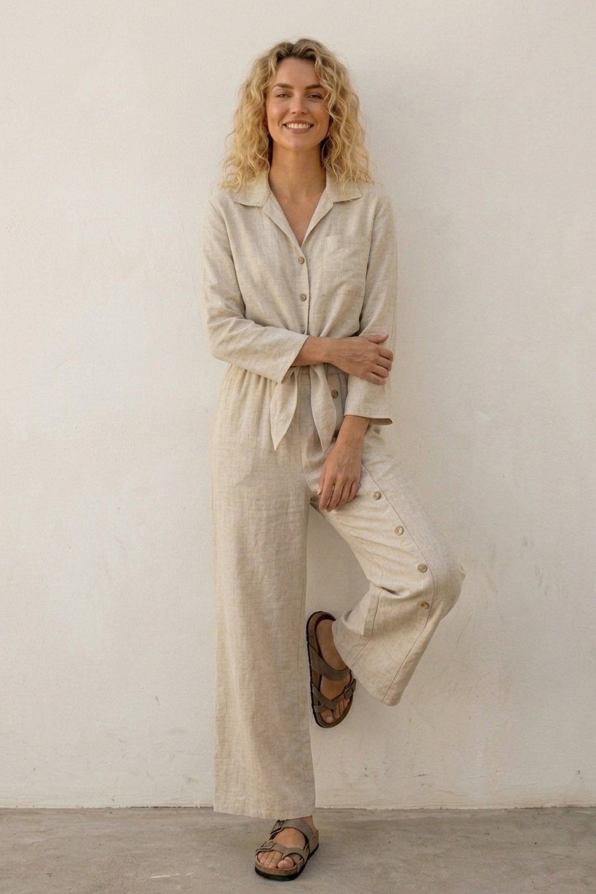 Tie-up Shirt Single-breasted Long Pants Set
