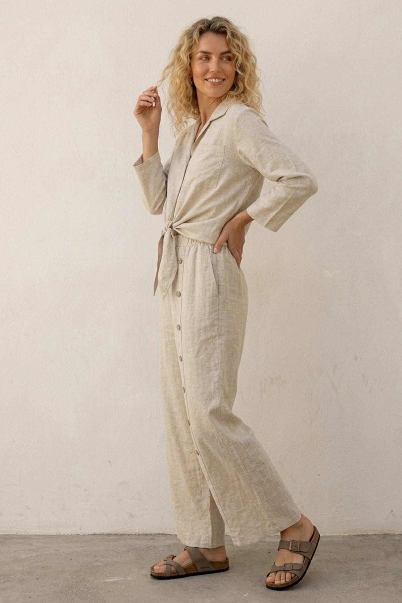 Tie-up Shirt Single-breasted Long Pants Set