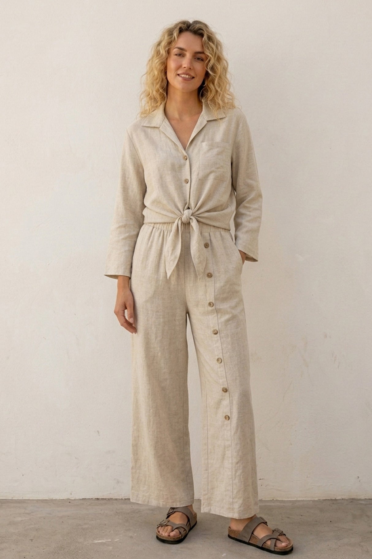 Tie-up Shirt Single-breasted Long Pants Set