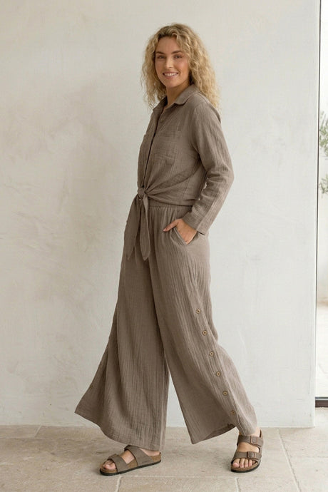 Tie-up Shirt Single-breasted Long Pants Set