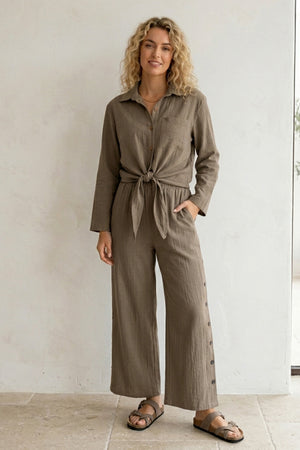 Tie-up Shirt Single-breasted Long Pants Set