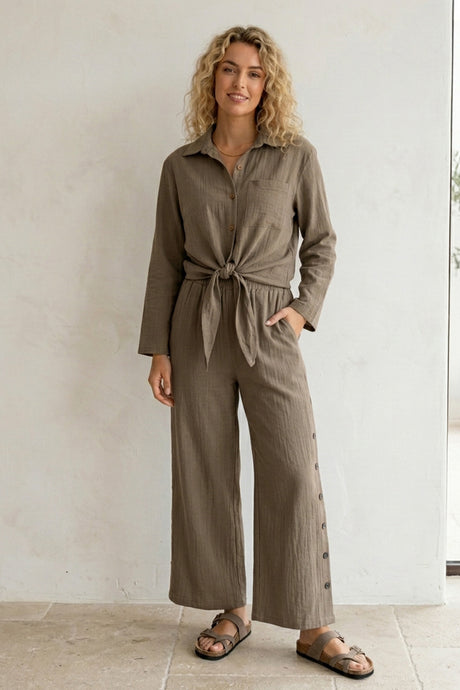 Tie-up Shirt Single-breasted Long Pants Set