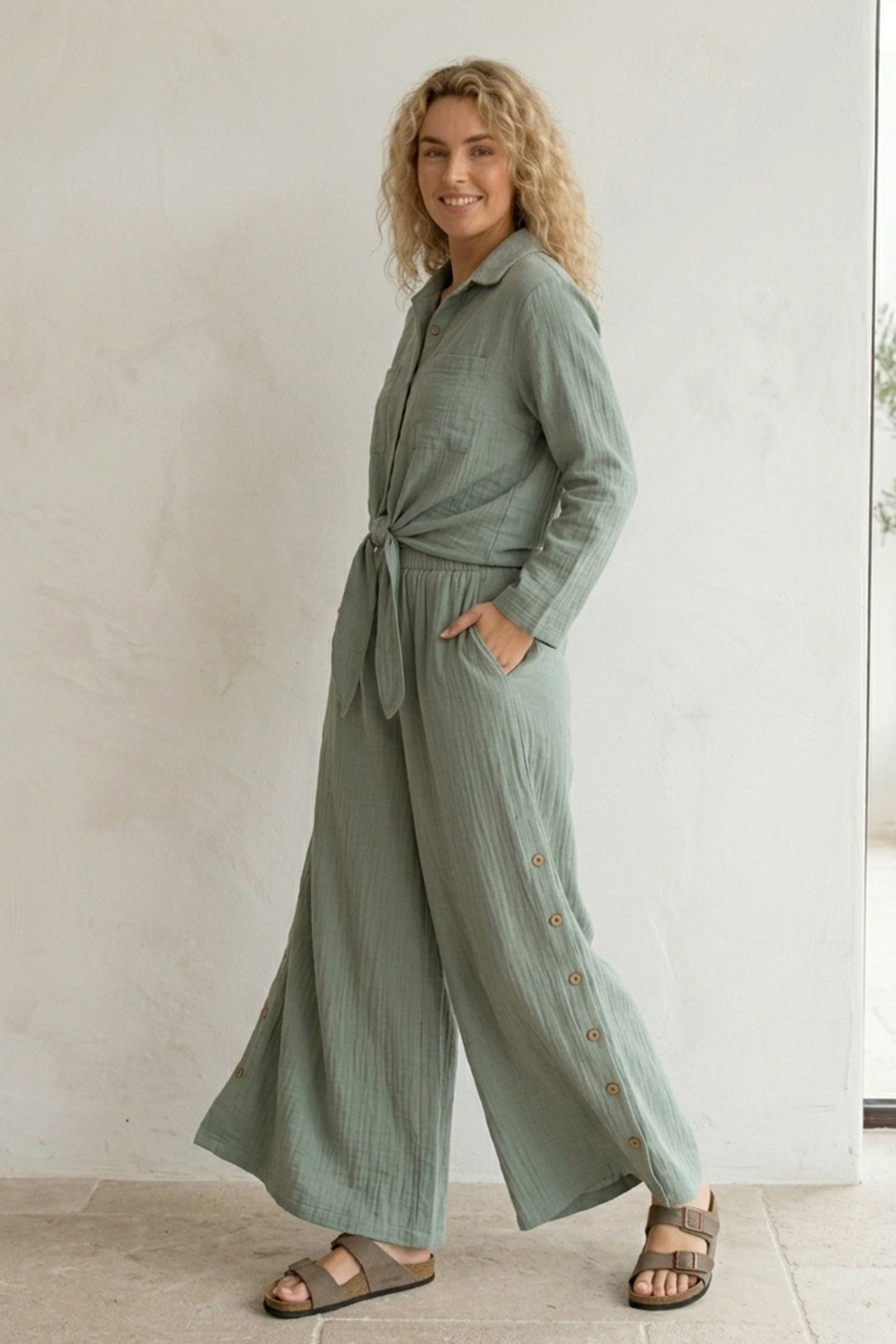 Tie-up Shirt Single-breasted Long Pants Set