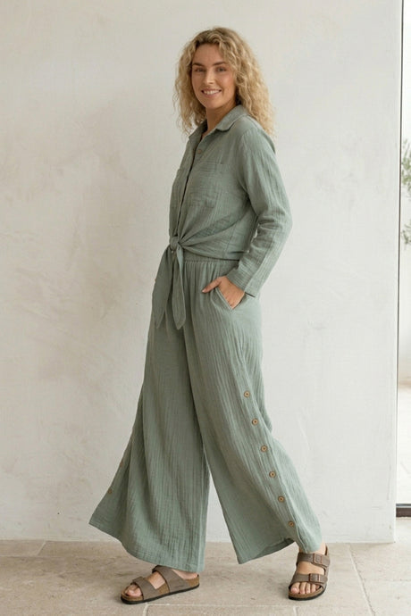 Tie-up Shirt Single-breasted Long Pants Set