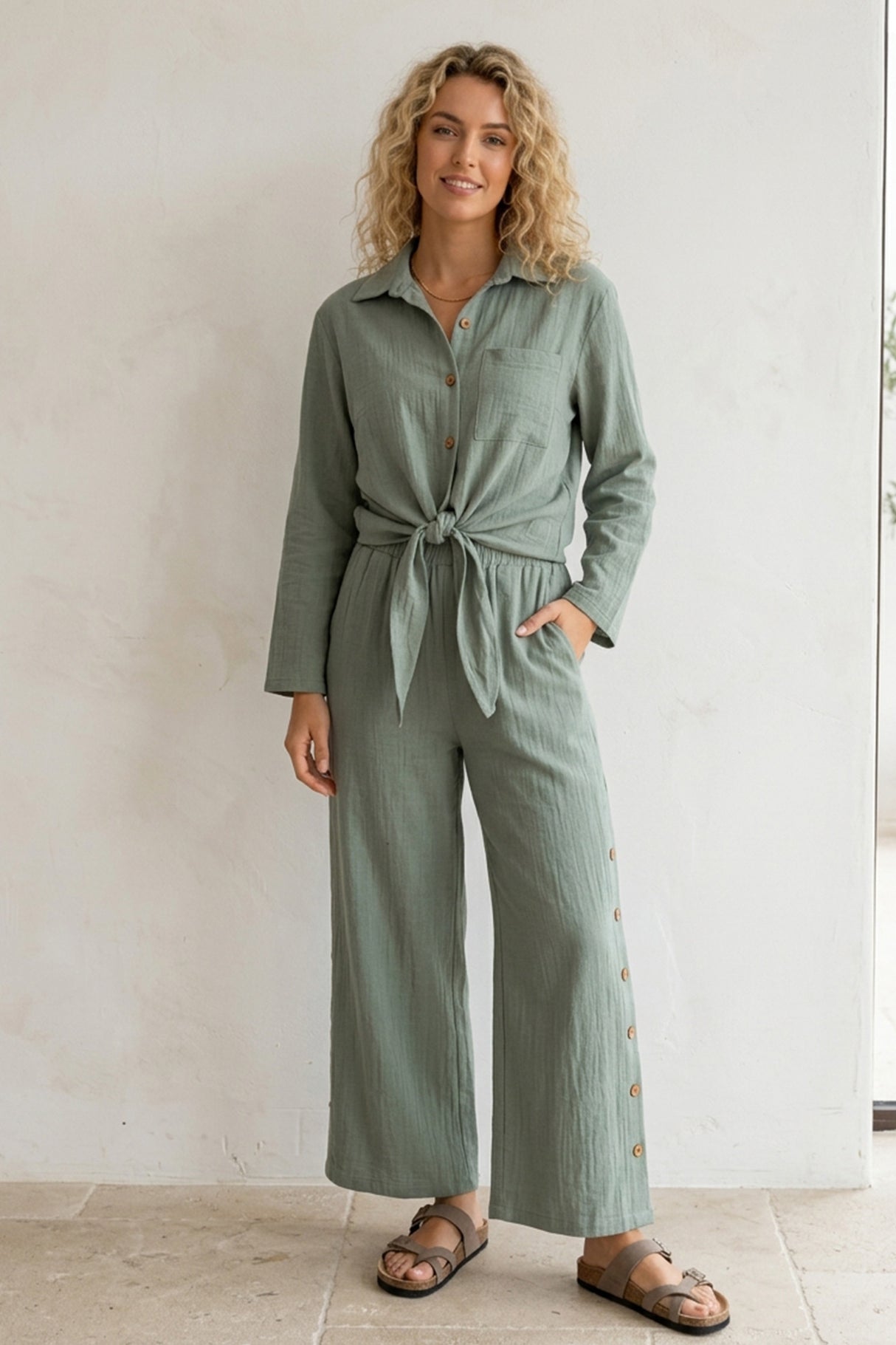 Tie-up Shirt Single-breasted Long Pants Set