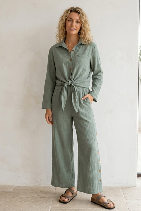 Tie-up Shirt Single-breasted Long Pants Set