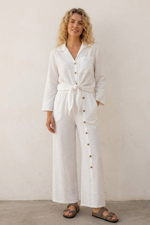 Tie-up Shirt Single-breasted Long Pants Set