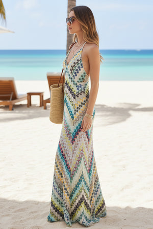 Chevron Prints Backless Boho Maxi Dress