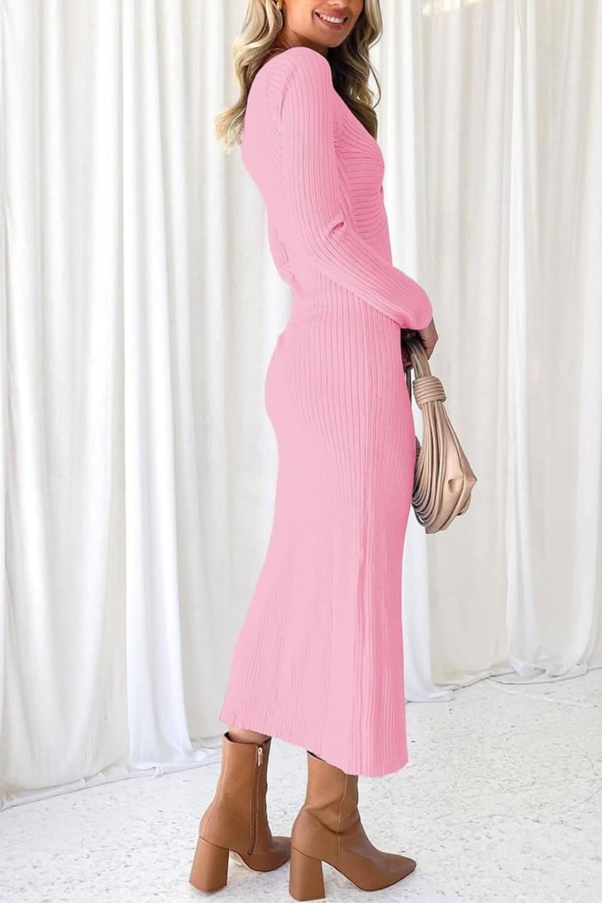 Twisted Long Sleeve Ribbed Knit Dress