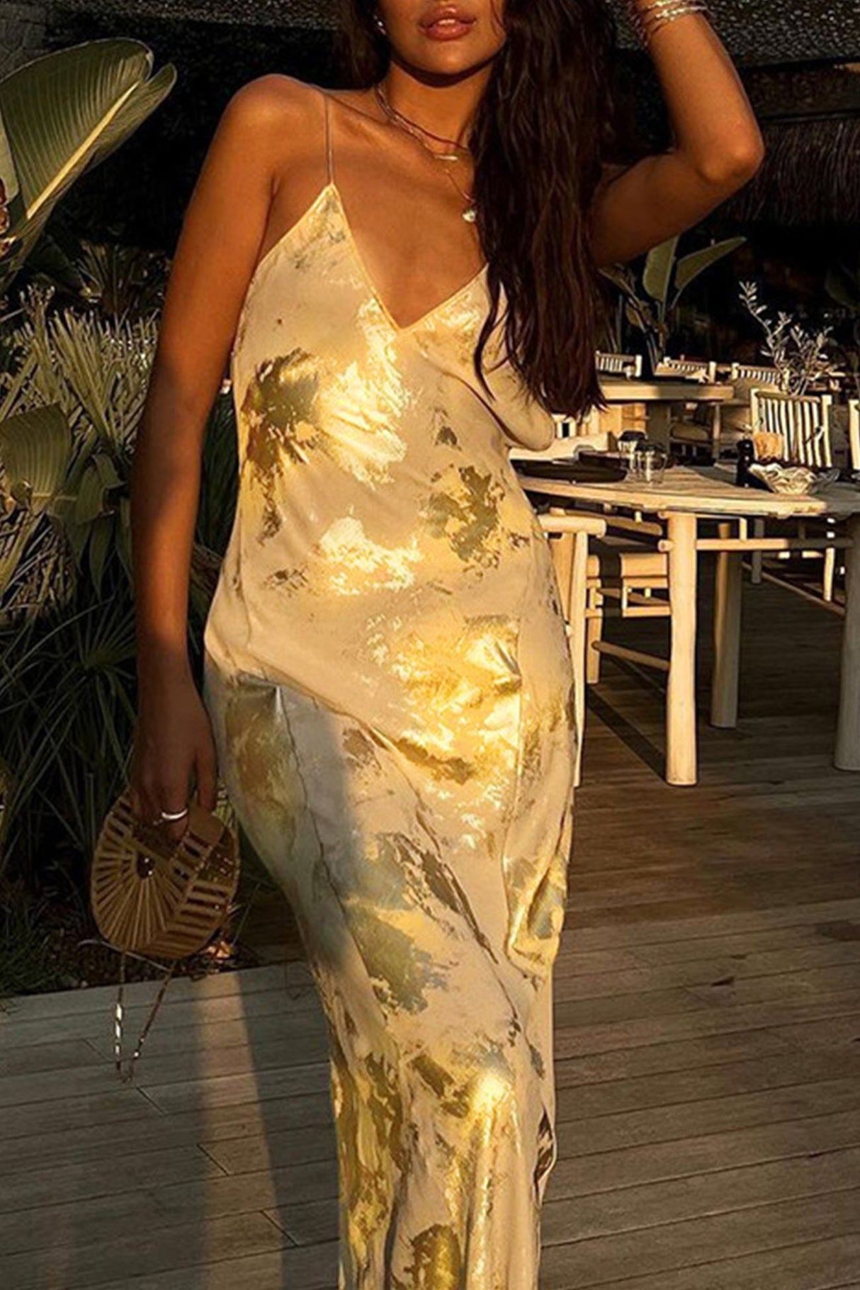 Arolora v-neck-backless-hot-stamping-cami-dress