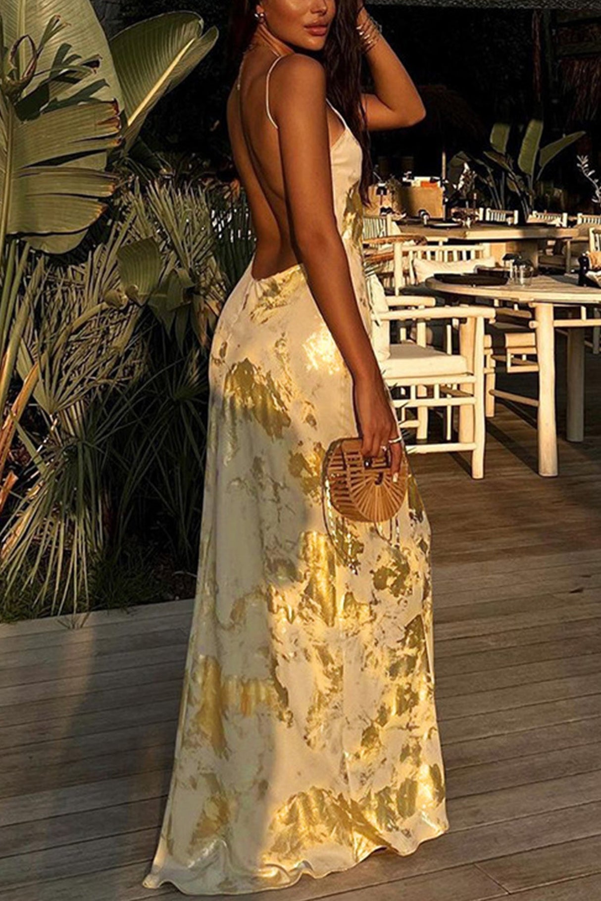 Arolora v-neck-backless-hot-stamping-cami-dress