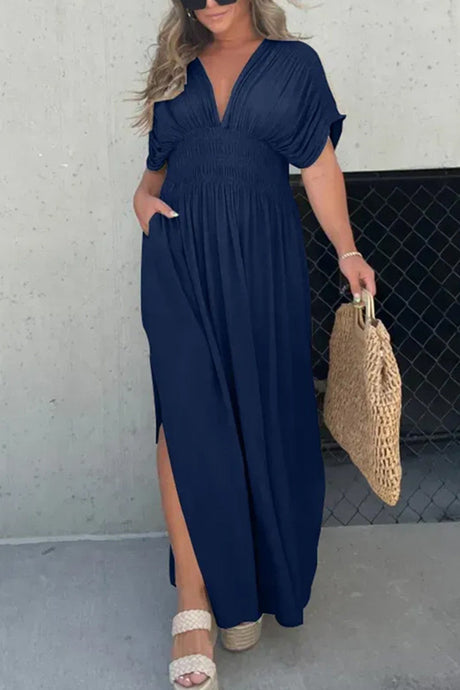 Arolora v-neck-bat-sleeve-smocked-waist-slit-dress