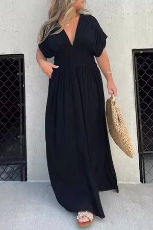 Arolora v-neck-bat-sleeve-smocked-waist-slit-dress