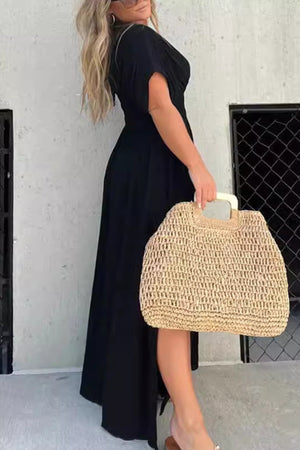 Arolora v-neck-bat-sleeve-smocked-waist-slit-dress