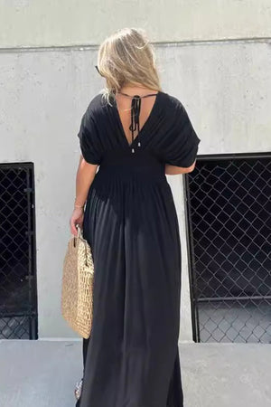 Arolora v-neck-bat-sleeve-smocked-waist-slit-dress
