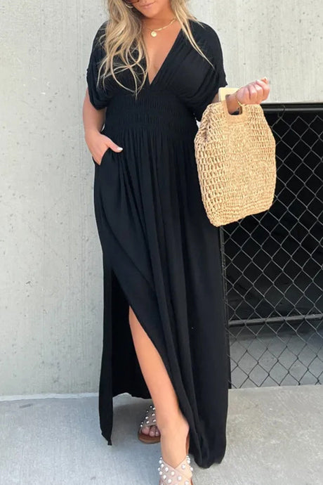 Arolora v-neck-bat-sleeve-smocked-waist-slit-dress