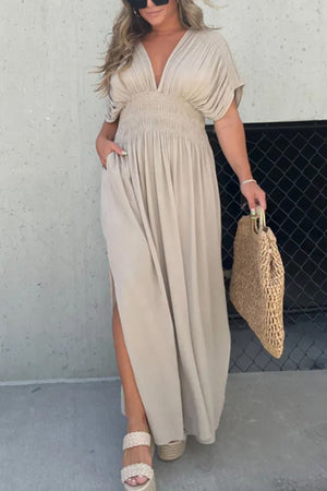 Arolora v-neck-bat-sleeve-smocked-waist-slit-dress