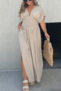 Arolora v-neck-bat-sleeve-smocked-waist-slit-dress