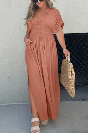 Arolora v-neck-bat-sleeve-smocked-waist-slit-dress