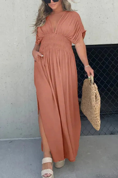 Arolora v-neck-bat-sleeve-smocked-waist-slit-dress