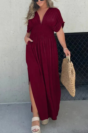 Arolora v-neck-bat-sleeve-smocked-waist-slit-dress