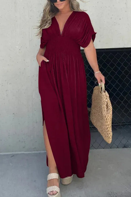 Arolora v-neck-bat-sleeve-smocked-waist-slit-dress